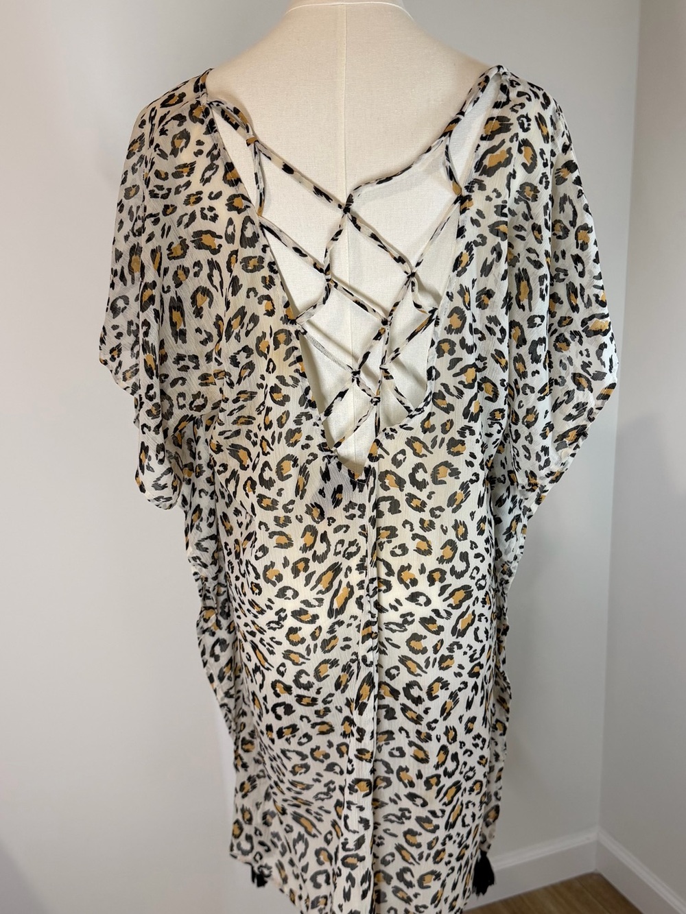 Palisades Beach Club Feline Leopard Swim Cover Up M/L Lace Up Tassel - Picture 2 of 5